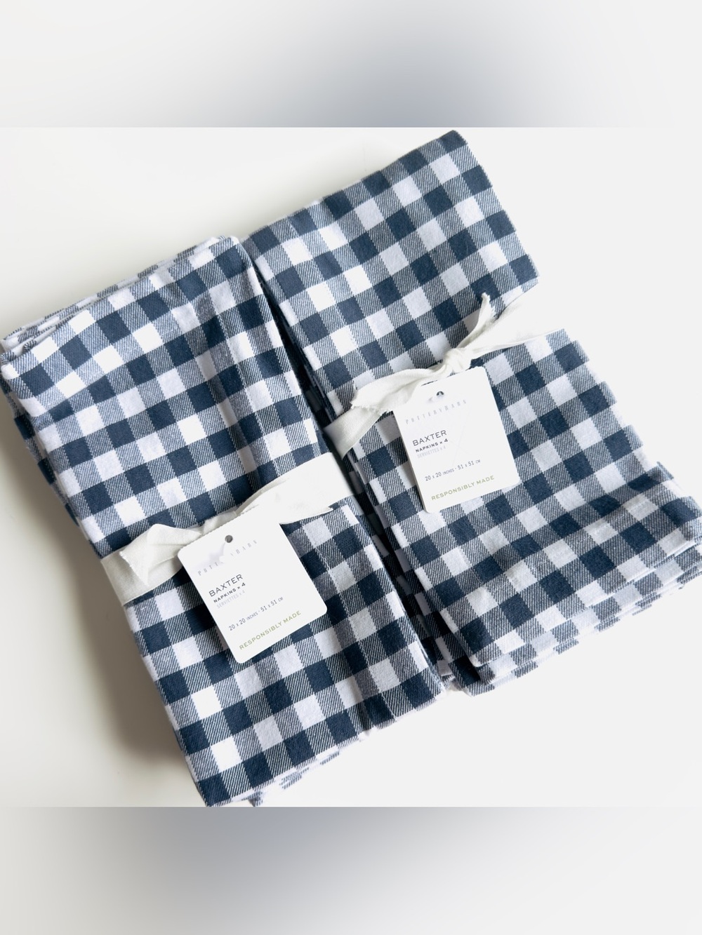 Pottery Barn Baxter Navy Gingham 100% Cotton Napkins, Set of 8, NWT, Retail $80